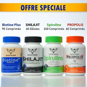 Health Power PACK = Biotine Plus 90 comprimés + Shilajit 60 Gélules + Spirulina 240 Comprimés + Propolis 60 Comprimés