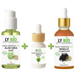 LY BIO PACK HUILE ALOE VERA 50ml - POMPE + HUILE ESSENTIEL MENTHE 10ML + HUILE NIGELLE 50ML - PIPETTE