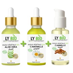 LY BIO PACK HUILE ALOE VERA 50ml - PIPETTE + HUILE CAMOMILLE 50ML - PIPETTE + HUILE CANNELLE 50ML - POMPE