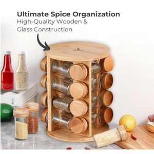 رف توابل دوار 360 درجة لـ 16 برطمانًا، منظم مطبخ من الخيزران، حامل توابل متعدد الوظائف، تخزين على سطح الطاولة، حامل توابل