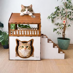 Maison pour chat extra large à deux niveaux, facile à monter sans outils, 67 x 39 x 65 cm - Maison de jeu d'intérieur pour chat, en bois MDF, grande grotte pour chatons (1-2), finition bois blanc