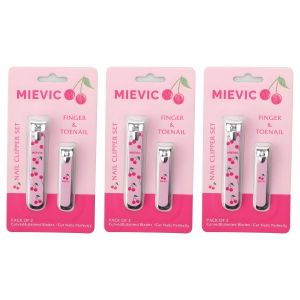 MIEVIC Lot de 3 - Coupe-Ongles Rose Motif Cerise - Set pour Doigts et Pieds - Lames Courbes et Inclinées - Accessoire Beauté