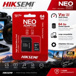 hiksemi Carte Mémoire NEO 64 Go MicroSDXC UHS-I U3 V30 Classe 10 avec Adaptateur
