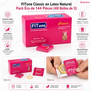 Fitone Classic Natural Latex – 144 Préservatifs Lubrifiés – 48 Packs de 3 