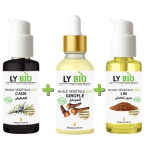 LY BIO PACK HUILE CADE 50ML - POMPE + HUILE GIROFLE 50ML - PIPETTE + HUILE LIN 50ML - POMPE