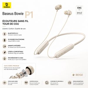 Baseus Bowie P1 – Écouteurs Bluetooth Tour de Cou Sans Fil, Bluetooth 5.2, ENC, 30H d'Autonomie, IPX5, USB-C