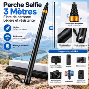 perche selfie 3m télescopique carbone Insta360 GoPro D-JI monopode extensible caméra 360 vidéo photo 300cm fibre légère résistante filetage 1/4 support universel stick telescopic carbon pole عصا سيلفي تصوير كاميرا طويلة تلسكوبية كربون