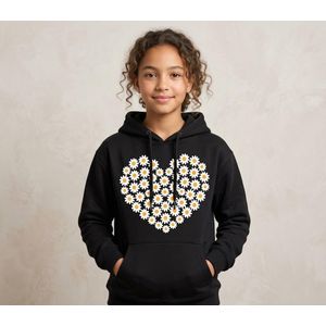 General Sweat à capuche fille noir, 1 pièce, manches longues, imprimé cœur fleuri et poche kangourou