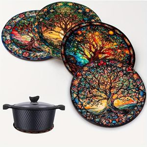 dessous de verre ronds  de table en bois carton  isolants thermiques avec motif mandala Arbre de Vie, ensemble dedessous de verre antidérapants polyvalents adaptés aux cuisines, tables à manger, comptoirs et plaques chaudes, idéal pour la mai