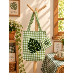 Sac Cabas Artisanal en Tissu à Carreaux avec Pochette Assortie – Broderie Fait Main
