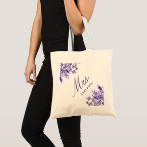 Tote Bag Lavender Floral Violet Script Mrs Wedding Name Unique, haute qualité