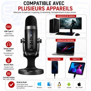 Jmary Microphone USB Professionnel MC-PW8 – Réduction du Bruit, USB Type-C, Monitoring 3.5 mm, Plug & Play