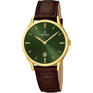 Festina Belle montre classique extra-plate dore et fond vert pour hommes - Bracelet cuir marron - F16747/5