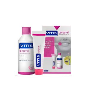 VITIS Kit Soin Gencives Gingival - CPC, Pro-vitamine B5 & Zinc Lactate - Protection Quotidienne Gencives Sensibles et Irritées - Dentifrice 75ml, Bain de Bouche 500ml & Brosse à Dents