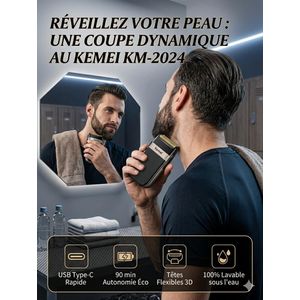 Kemei KM-2024 Rasoir Électrique Homme – Double Lame Sans Fil, Rechargeable USB, Étanche, Tondeuse Barbe et Cheveux Professionnelle