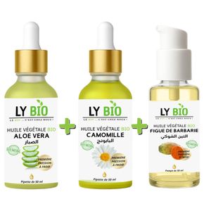 LY BIO PACK HUILE ALOE VERA 50ml - PIPETTE + HUILE CAMOMILLE 50ML - PIPETTE + HUILE FIGUE DE BARBARIE 50ML - POMPE