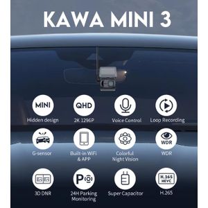 Caméra de voiture 2K DVR KAWA MINI 3, enregistreur vidéo, commande vocale d'urgence, Vision nocturne, moniteur d'application WiFi