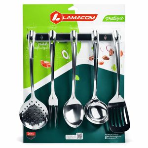 Lamacom Set d’ustensiles de cuisine Pratique – 5 pièces en acier inoxydable avec support – Antirouille