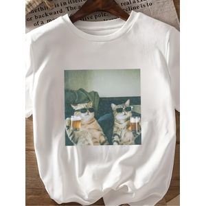 T-shirts élégants et nouveaux pour hommes et femmes, printemps/été 2026, imprimé amusant "Chat avec des lunettes de soleil buvant une bière", impression de transfert thermique 2D, t-shirt en polyester doux et respirant, confortable et facile - Le premie