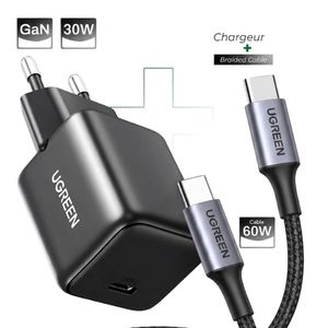 Ugreen GaN 30W Chargeur rapide USB-C + Cable Braide 60W 