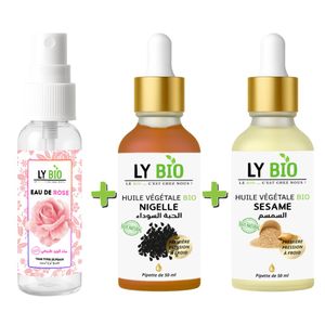 LY BIO LYBIO باك ماء الورد 100 مل + زيت الحبة السوداء 50 مل - قطارة + زيت السمسم 50 مل - قطارة