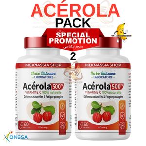 Herbo Ridouane Pack 2 Comprimés de Vitamine C Supplément pour le soutien immunitaire à base d'acérola, Vitamine C Complex et Acerola, 100% SANS CONSERVATEURS,