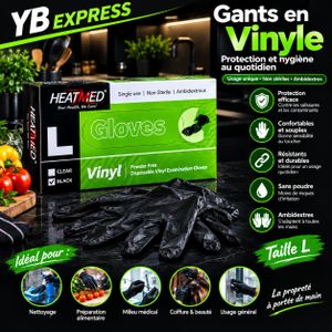 Gants en Vinyle Noirs Taille L – Jetables, Sans Poudre, Ambidextres – Boîte de Gants d’Examen