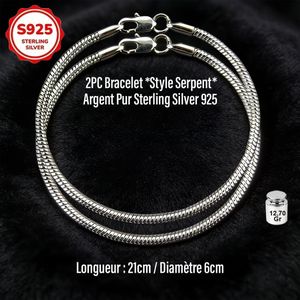 2PC 6,35Gr Bracelet en Argent Sterling S925 *Style Serpent* 92,5% d'Argent, Magnétique Médical, sans Nickel, Unisexe, Résistant à l’Oxydation, Élégant et Intemporel, Poids Bracelet : 12,70Gr, Longueur 20cm, Idéal