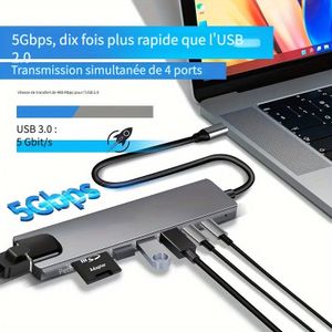 Hub USB-C 8-en-1 avec adaptateur pour HDTV 4K et lecteur de cartes SD/TF RJ45 à 100m, chargeur rapide, compatible avec ordinateurs portables MacBook et Windows