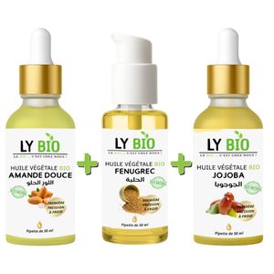 LY BIO PACK HUILE AMANDE DOUCE 50ML - PIPETTE + HUILE FENUGREC 50ML - POMPE + HUILE JOJOBA 50ML - PIPETTE