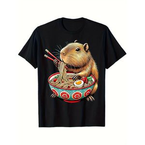 T-shirt unisexe avec motif de capybara mangeant du ramen - T-shirt décontracté à col rond, lavable en machine, taille S, noir - Cadeau amusant avec motif animalier pour maman, papa, amis (Pâques, fête des mères), coupe confortable toutes saisons, doux