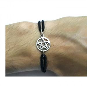 Bracelet Fil Noir élastique Avec Pendentif Pentagram Argent Charm - Unisex