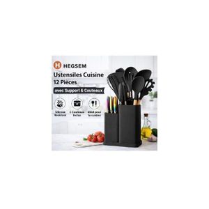 General 12 PCS Set Ustensiles de Cuisine en Silicone avec support pour cuillère en silicone - noir.