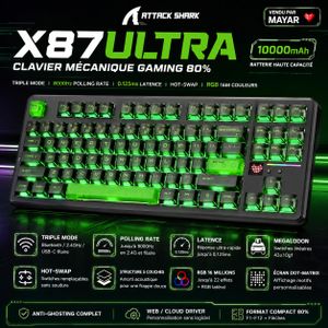 ATTACK SHARK X87ULTRA Clavier Mécanique Gaming 80% Tri-Mode Bluetooth 2.4GHz USB-C – 8000Hz 0.125ms, Full Anti-Ghosting, Hot-Swap, Switches Linéaires, Écran Dot-Matrix, RGB 16 Millions de Couleurs, Batterie 10000mAh