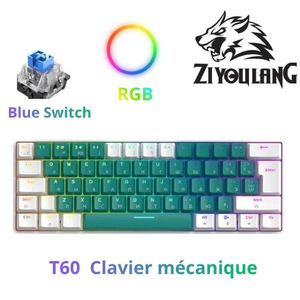 ZIYOU LANG Clavier mécanique Gamer T60,interrupteurs bleus , touches personnalisées, mini clavier mécanique optique filaire USB, clavier de jeu tendance, rétroéclairage RVB, anglais, 62 touches, Blue Switch T60