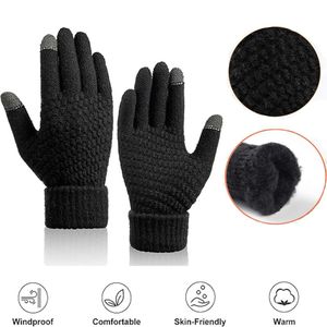 قفازات تعمل باللمس للنساء والرجال، قفازات شتوية مع بطانة صوف ناعمة، دافئة، مضادة للبرد - أسود