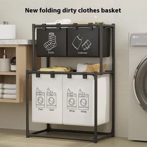 Panier à Linge Pliable Double Niveau 3 Compartiments  Organisateur Vestiaire Malin et Pratique pour Linge Sale (Tissu, Autoportant)