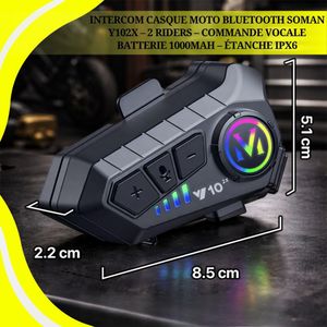 Intercom Casque Moto Bluetooth SOMAN Y102X – 2 Riders – Commande Vocale – Batterie 1000mAh – Étanche IPX6