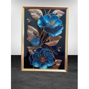 Tableau Mural Décoratif 3D, Cadre Fleurs Bleues et Dorées, Peinture Moderne 3D pour Salon et Chambre, Tableau d'Art Lumineux Fond Noir, Décoration Murale Chic et Élégante, Cadre Doré Luxe