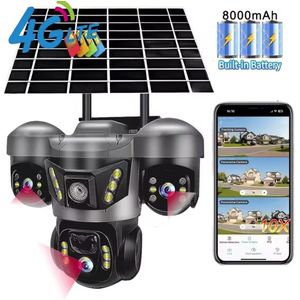wifi smart caméra Caméra de Surveillance Solaire 4G 4K HD PTZ 360° Triple Objectif–Caméra IP Sans Fil, Panneau Solaire, Vision Nocturne Couleur, Détection Humaine PIR, Détection de Mouvement, Auto Tracking, Audio Bidirectionnel, V380 Pro, Carte SIM 4G, Alarme Intelligente