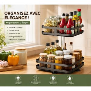 Organisateur de Cuisine 2 Étages Rotatif 360° – Rangement Épices Huiles Condimentss