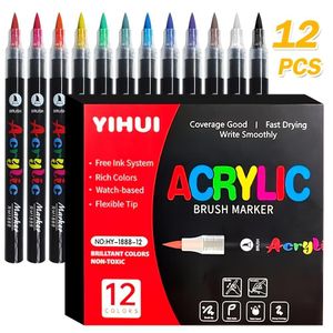 Pack 12 Feutres Peinture Acrylique Professionnels – Pointe Pinceau Flex – Pour Roche, Céramique, Verre et Bricolage