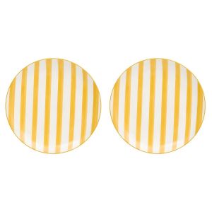 Assiette Plate - Céramique à Rayures - Pour Service de Table Quotidien - Jaune et Blanc - Lot de 2