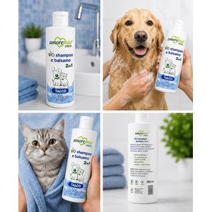 AmoreMio Bio Shampooing & Après-shampooing au Talc 250 ml, chiens, chats et chiots/chatons 