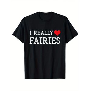 T-shirt Vintage pour Femme Fée « J'adore vraiment les fées » Noir avec Cœur Rouge - Haut Doux et Décontracté de Tous les Jours pour Fêtes à Thème Féerique & Cadeaux - Vêtement Fantastique Cottagecore, Vêtement Fantaisiste, Design Ludique, Coupe Conforta
