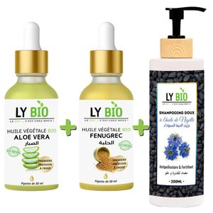 LY BIO PACK HUILE ALOE VERA 50ml - PIPETTE + HUILE FENUGREC 50ML - PIPETTE + SHAMPOOING A L'HUILE DE NIGELLE 200ML