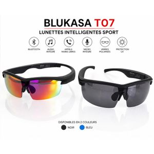 BluKaSa T07 Lunettes Intelligentes Sport Bluetooth Audio, Polarisées UV, Micro, Assistant Vocal, USB-C – Noir/Bleu