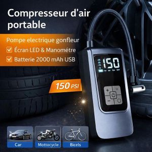 Compresseur d’air portable 150 PSI - Pompe électrique gonfleur avec manomètre et écran LED, batterie 2000 mAh rechargeable par USB, pour voiture, moto, vélo, ballons
