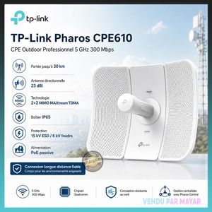 TP-Link Pharos CPE610 CPE Outdoor Professionnel 5 GHz 300 Mbps Portée Jusqu’à 30 km, avec Antenne Directionnelle 23 dBi, Technologie 2×2 MIMO MAXtream TDMA, Boîtier IP65, Protection 15 kV ESD / 6 kV Foudre et Alimentation PoE Passive