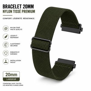 Bracelet Nylon Tissé Vert Militaire 20mm pour Montre Connectée – Ajustable, Léger, Respirant – Compatible Galaxy Watch, Huawei Watch, Garmin, Amazfit, Redmi Watch 20 mm 